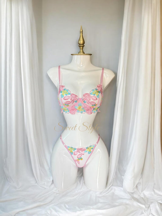 Flourish Sexy Pink Floral Embroidered Lingerie Set – Sheer Mesh Non-Padded Wired Bra & Panty 49353