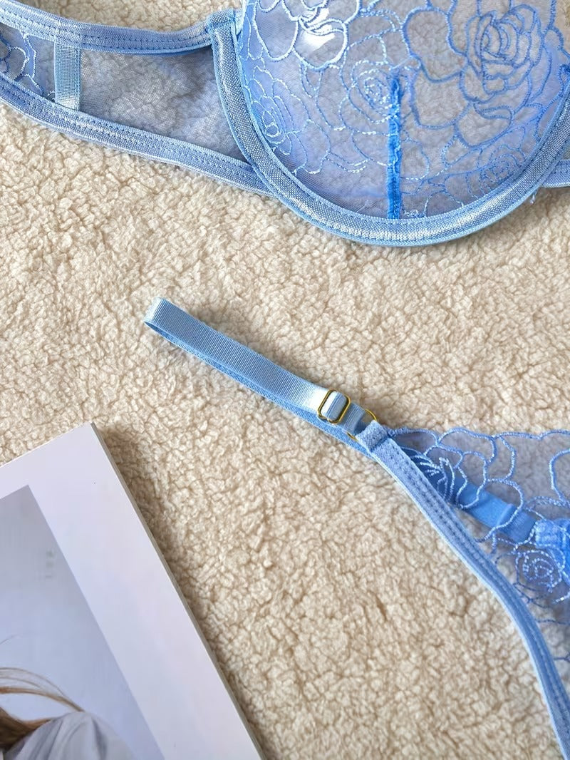 Flourish New Style Sexy Elegant Flower Lace Lingerie Set  Non Padded Wired bra  – Soft Mesh Floral Embroidered Bra & Panty L2201