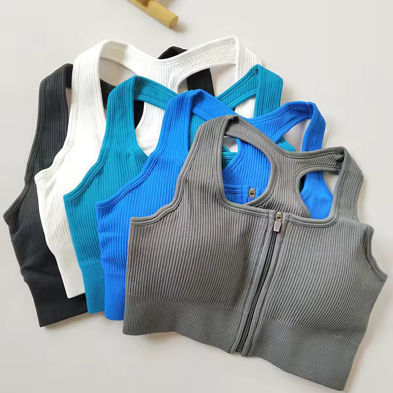Pack of 3 Ribbed Padded Front Zip Sports Bras – Breathable Activewear    299