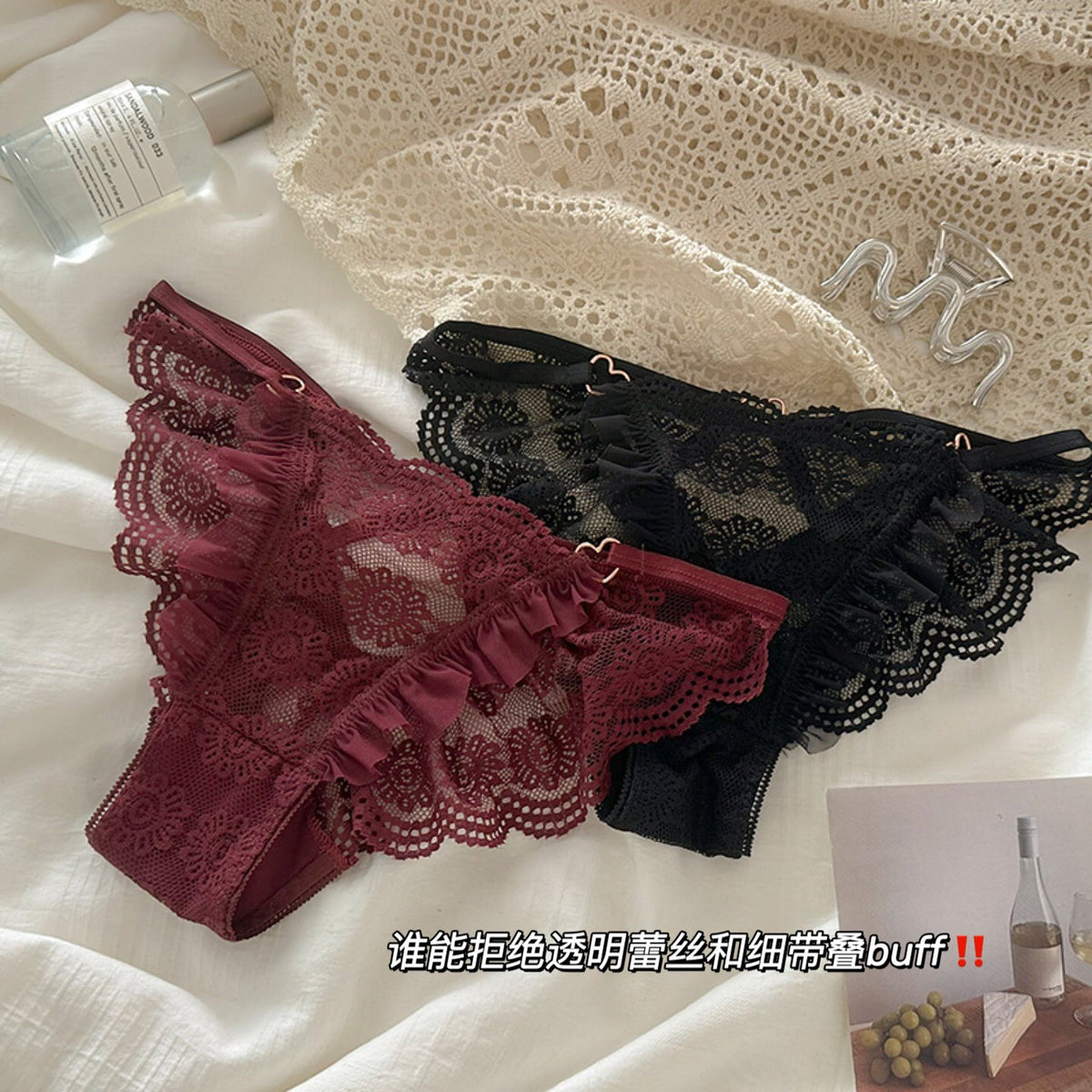 Pack Of 3 Women's Elegant Floral Lace Panty with Ruffle Frill Detailing, Soft Sheer Lace Fabric, Stylish Feminine Design, Comfortable Ladies Underwear & Beautiful Delicate Lingerie 351
