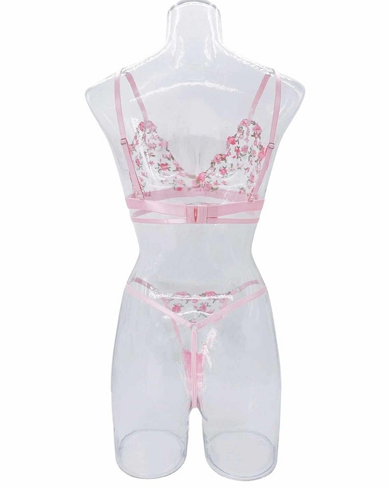 Flourish Non-Padded Non wired Panty Set – Blossom Charm Pink Embroidered Sheer Lingerie 6033