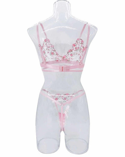 Flourish Non-Padded Non wired Panty Set – Blossom Charm Pink Embroidered Sheer Lingerie 6033