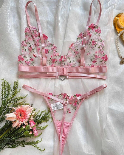 Flourish Non-Padded Non wired Panty Set – Blossom Charm Pink Embroidered Sheer Lingerie 6033
