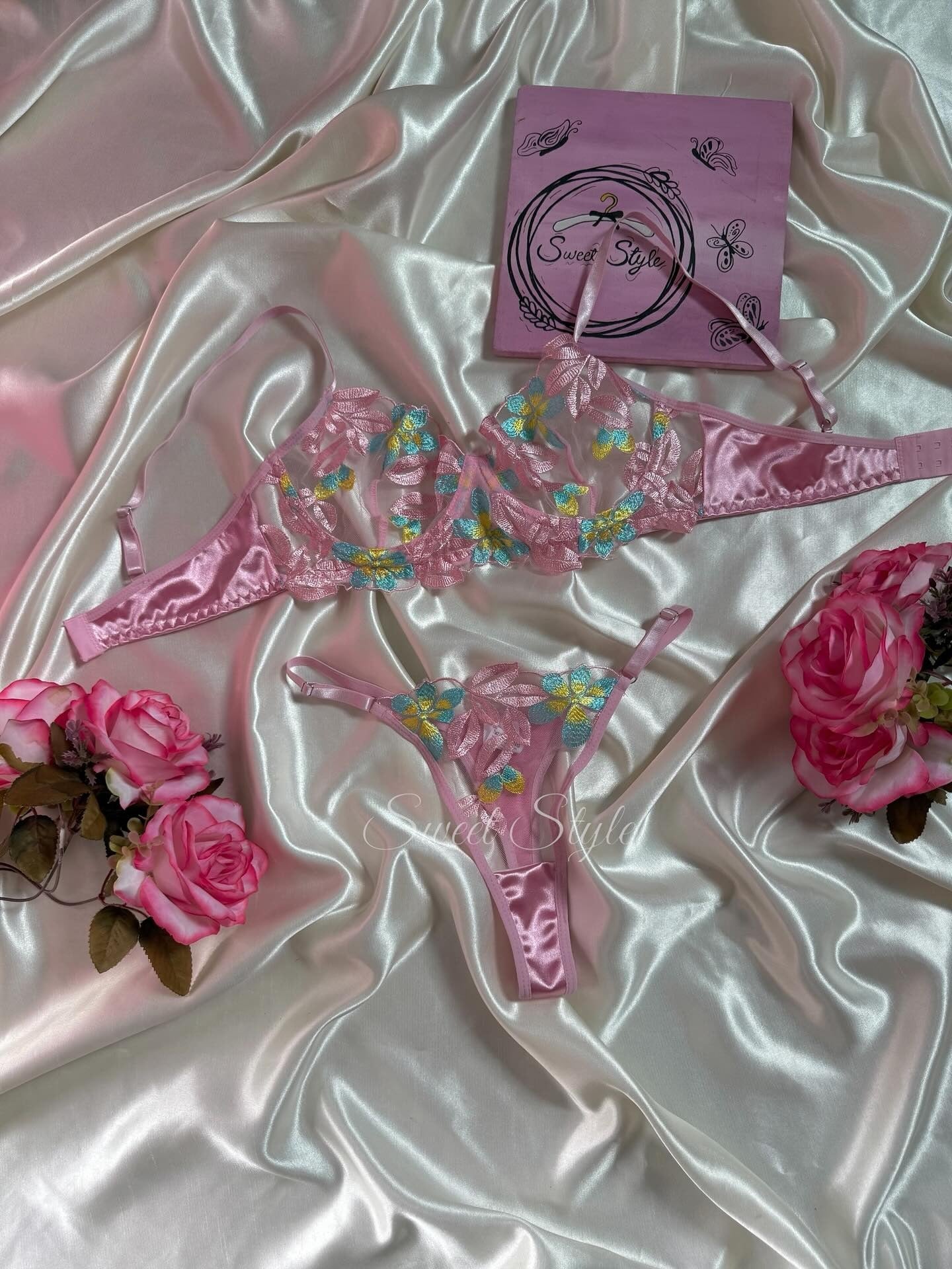 Flourish Sexy Pink Floral Embroidered Lingerie Set – Sheer Mesh Non-Padded Wired Bra & Panty 49353