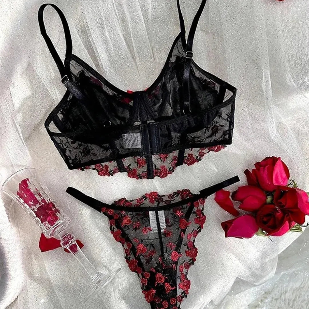 Flourish Beautiful Floral Embroidery Deep Red Lingerie Set, Vertical Bust Bra And Mesh G-String, Sexy Back Bra And Panty Set B023