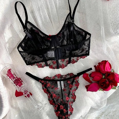 Flourish Beautiful Floral Embroidery Deep Red Lingerie Set, Vertical Bust Bra And Mesh G-String, Sexy Back Bra And Panty Set B023
