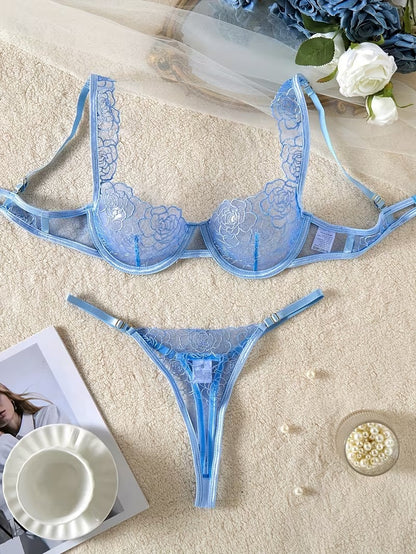 Flourish New Style Sexy Elegant Flower Lace Lingerie Set  Non Padded Wired bra  – Soft Mesh Floral Embroidered Bra & Panty L2201