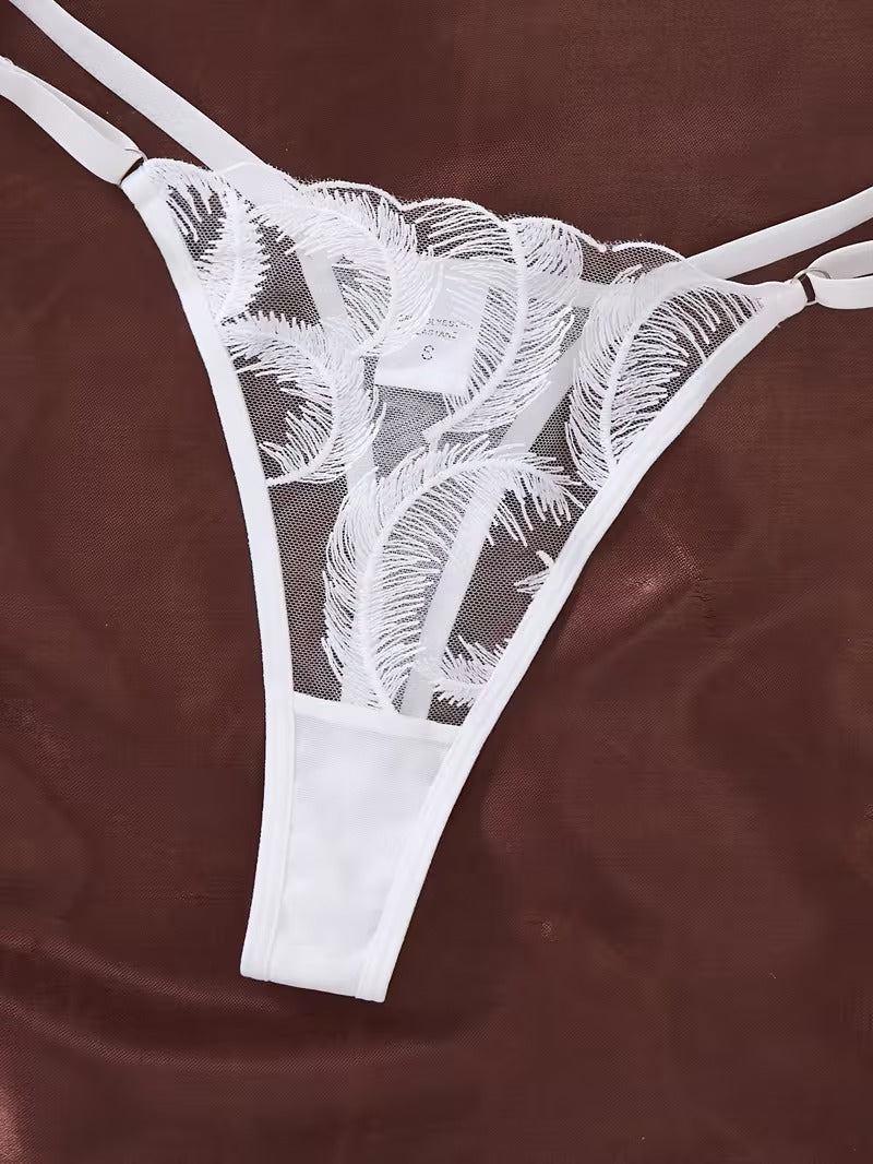 Flourish Non Padded Wired bra Pure Elegance White Floral Lace Lingerie Set – Sheer Mesh Embroidered Bra & Panty feather pattern MSL40316