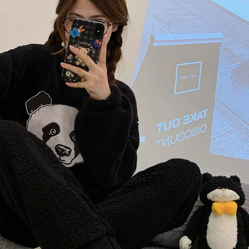 Flourish Cozy Panda Fleece Loungewear Set – Ultra Soft Winter Night Suit