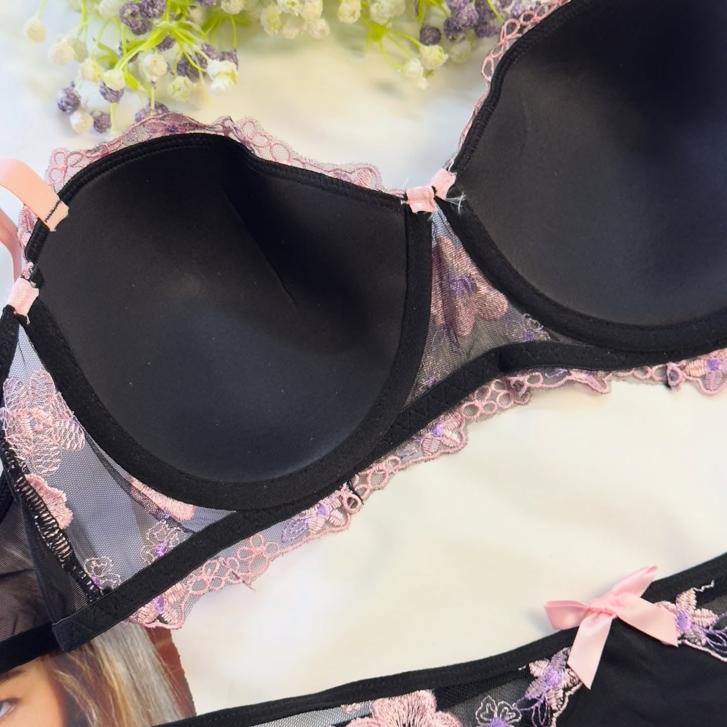Flourish Midnight Blossom Lace Lingerie Set – Elegant Black & Blush Embroidered Soft Pad Wired Bra & Panty Set 18406-01