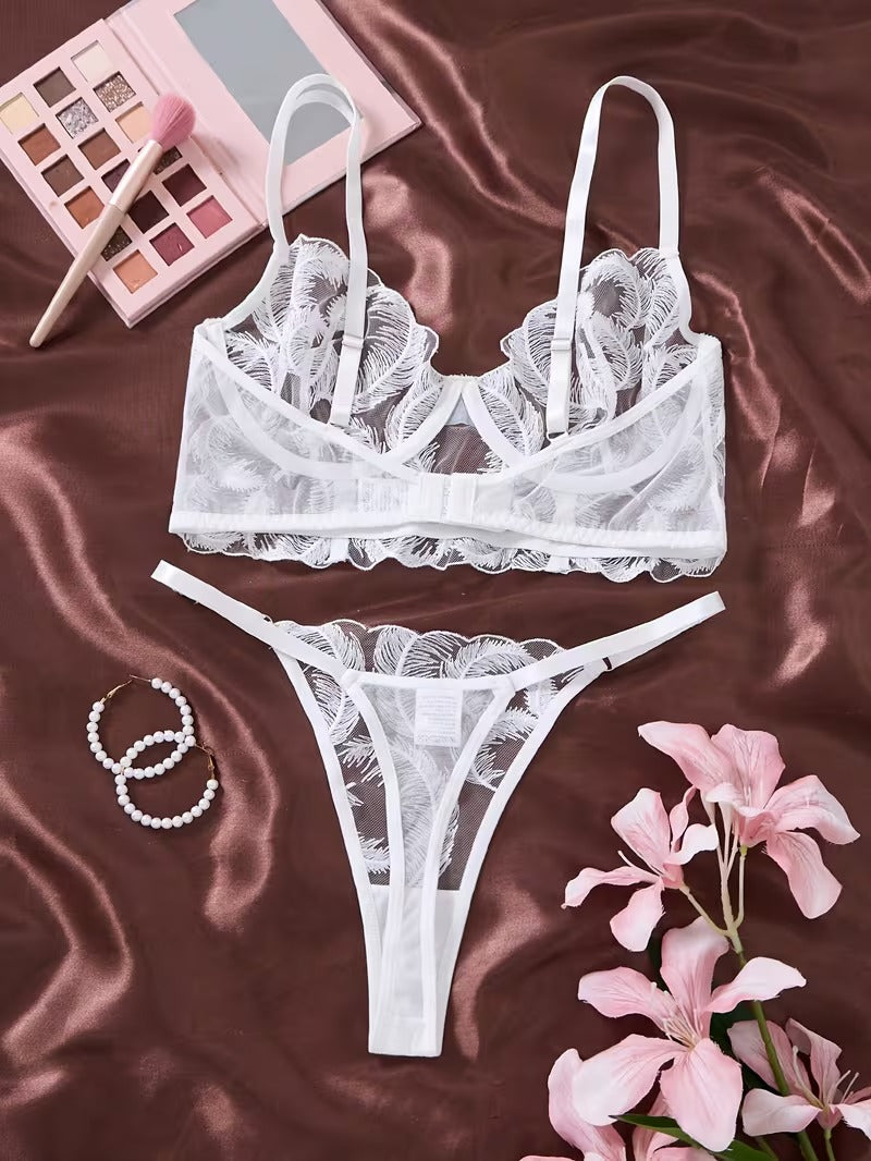 Flourish Non Padded Wired bra Pure Elegance White Floral Lace Lingerie Set – Sheer Mesh Embroidered Bra & Panty feather pattern MSL40316