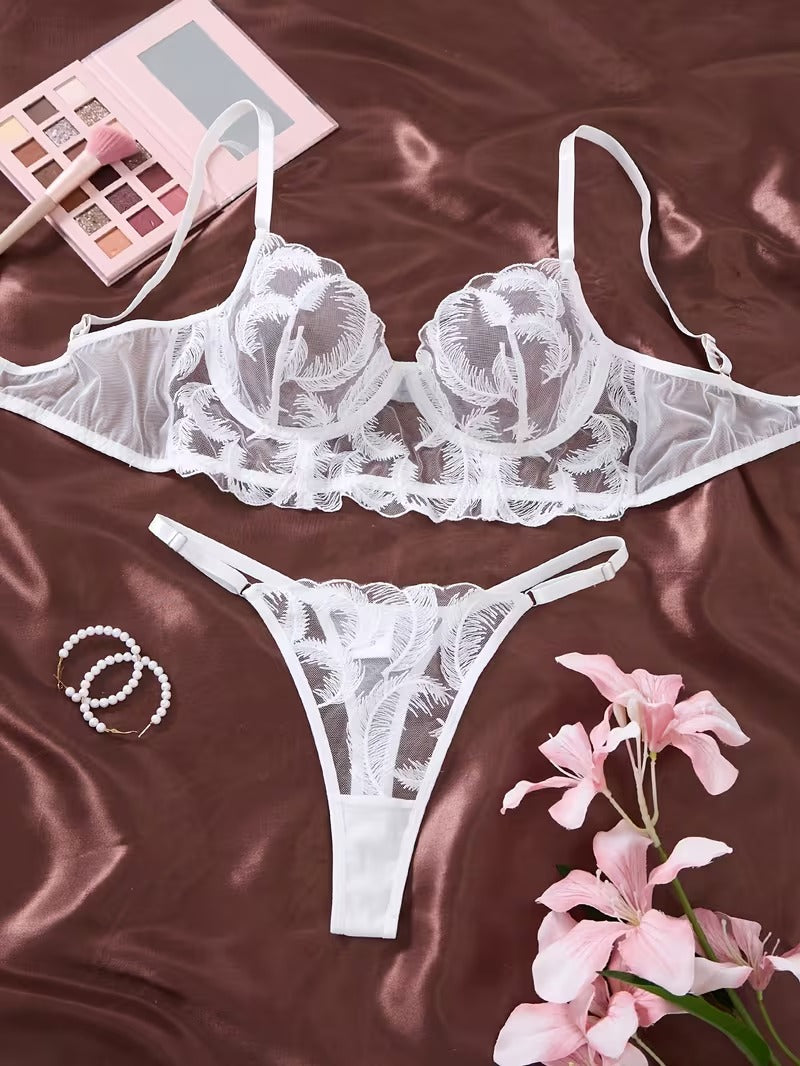 Flourish Non Padded Wired bra Pure Elegance White Floral Lace Lingerie Set – Sheer Mesh Embroidered Bra & Panty feather pattern MSL40316