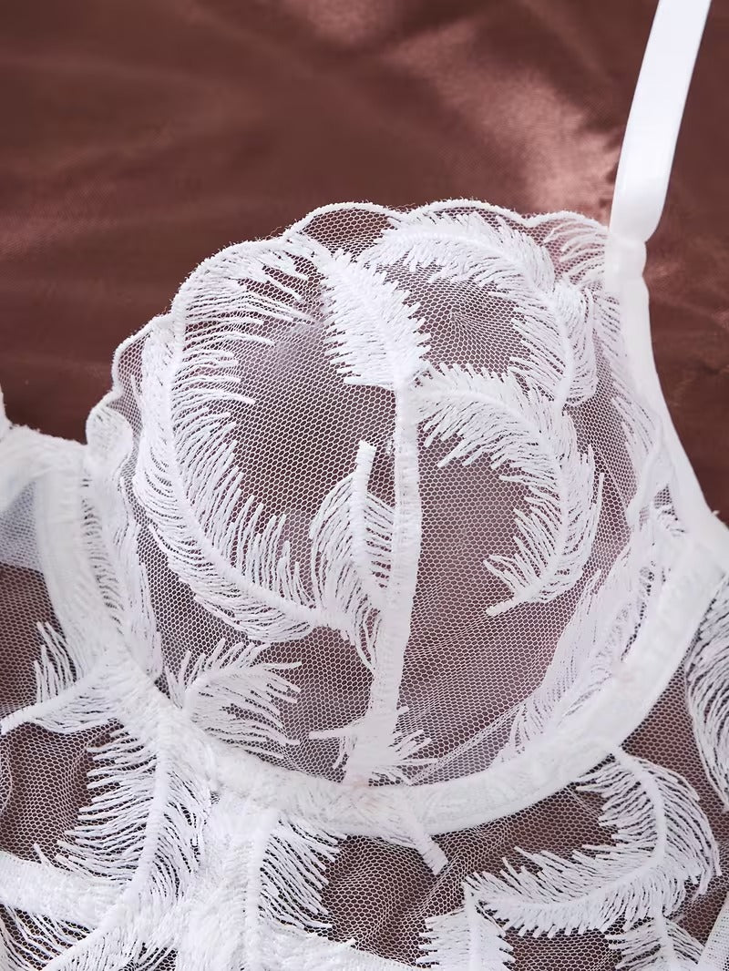 Flourish Non Padded Wired bra Pure Elegance White Floral Lace Lingerie Set – Sheer Mesh Embroidered Bra & Panty feather pattern MSL40316