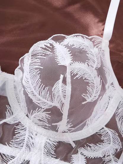 Flourish Non Padded Wired bra Pure Elegance White Floral Lace Lingerie Set – Sheer Mesh Embroidered Bra & Panty feather pattern MSL40316