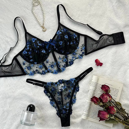 Flourish Beautiful Floral Embroidery Deep Red Lingerie Set, Vertical Bust Bra And Mesh G-String, Sexy Back Bra And Panty Set B023
