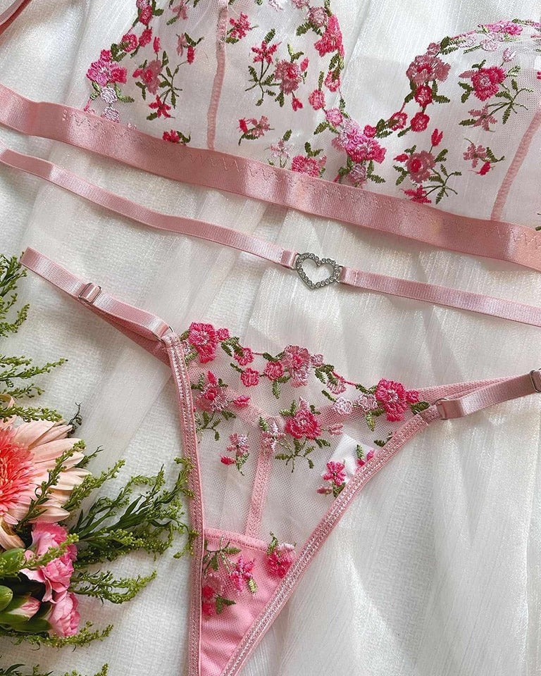 Flourish Non-Padded Non wired Panty Set – Blossom Charm Pink Embroidered Sheer Lingerie 6033