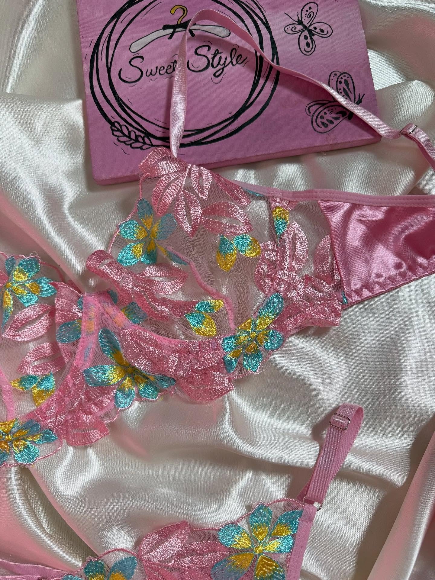 Flourish Sexy Pink Floral Embroidered Lingerie Set – Sheer Mesh Non-Padded Wired Bra & Panty 49353