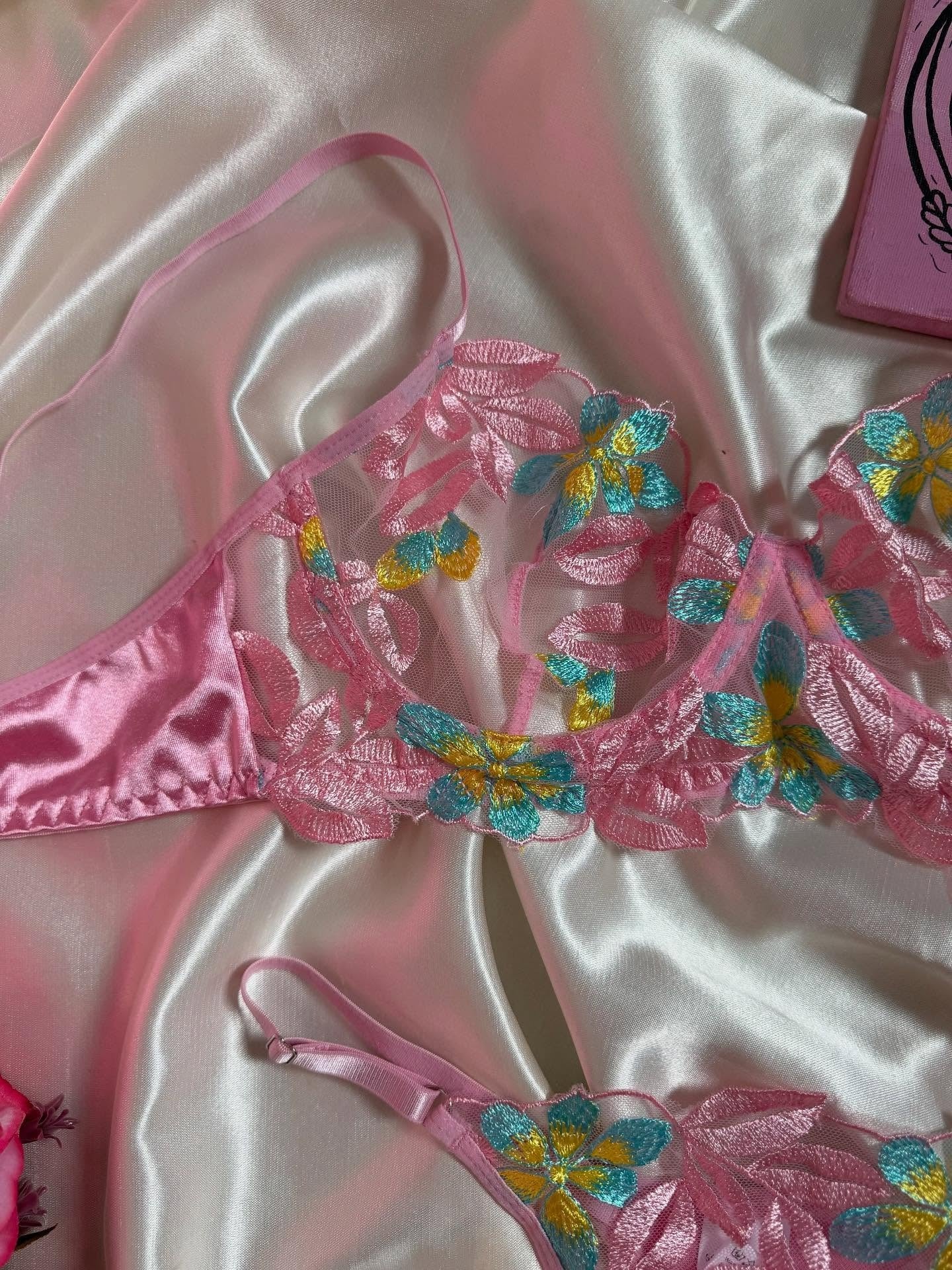 Flourish Sexy Pink Floral Embroidered Lingerie Set – Sheer Mesh Non-Padded Wired Bra & Panty 49353