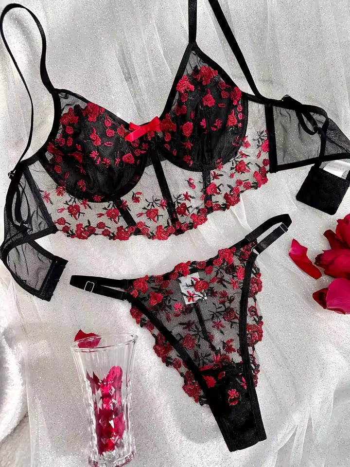 Flourish Beautiful Floral Embroidery Deep Red Lingerie Set, Vertical Bust Bra And Mesh G-String, Sexy Back Bra And Panty Set B023