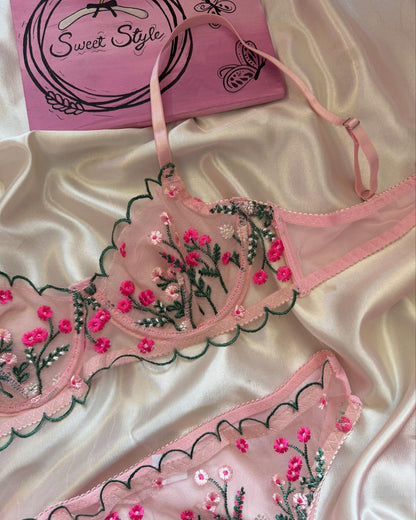 Flourish Non-Padded wired Bra Panty Set – Blossom Charm Pink Embroidered Sheer Lingerie B172