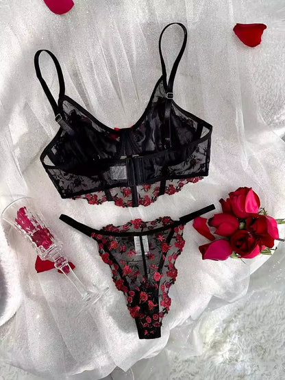 Flourish Beautiful Floral Embroidery Deep Red Lingerie Set, Vertical Bust Bra And Mesh G-String, Sexy Back Bra And Panty Set B023