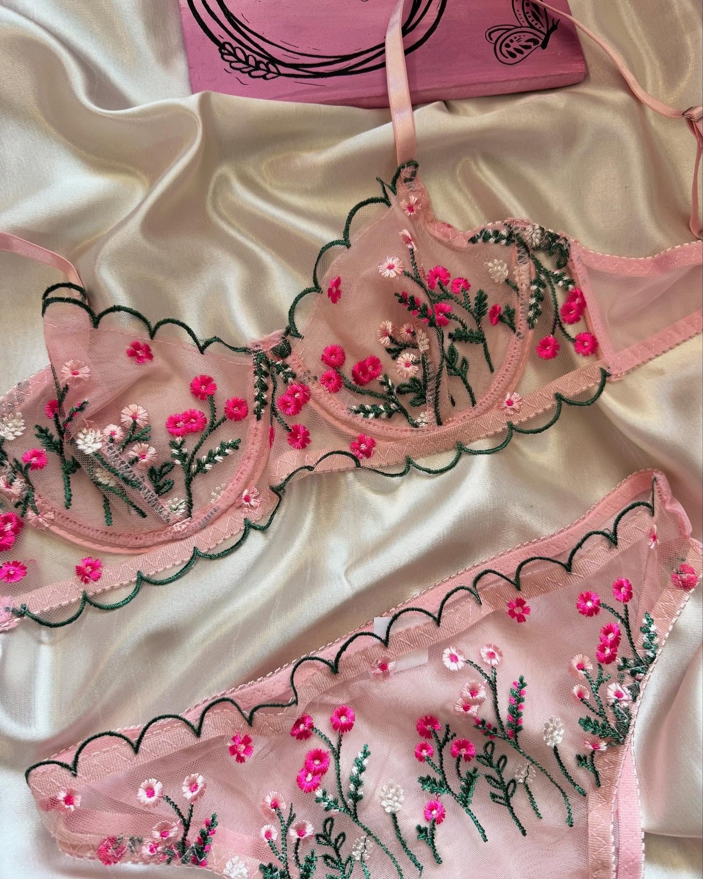 Flourish Non-Padded wired Bra Panty Set – Blossom Charm Pink Embroidered Sheer Lingerie B172