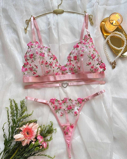 Flourish Non-Padded Non wired Panty Set – Blossom Charm Pink Embroidered Sheer Lingerie 6033