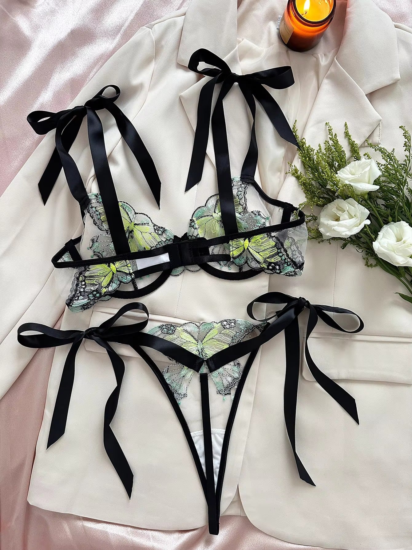 Flourish New Lace-Trimmed, Embroidered Butterfly Pattern, Single-Layer Ultra-Thin Bra And Underwear Set