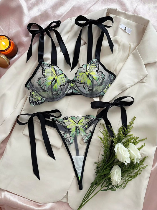 Flourish New Lace-Trimmed, Embroidered Butterfly Pattern, Single-Layer Ultra-Thin Bra And Underwear Set