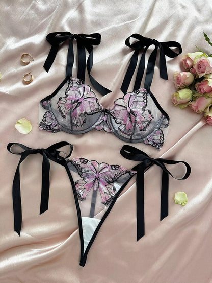 Flourish New Lace-Trimmed, Embroidered Butterfly Pattern, Single-Layer Ultra-Thin Bra And Underwear Set