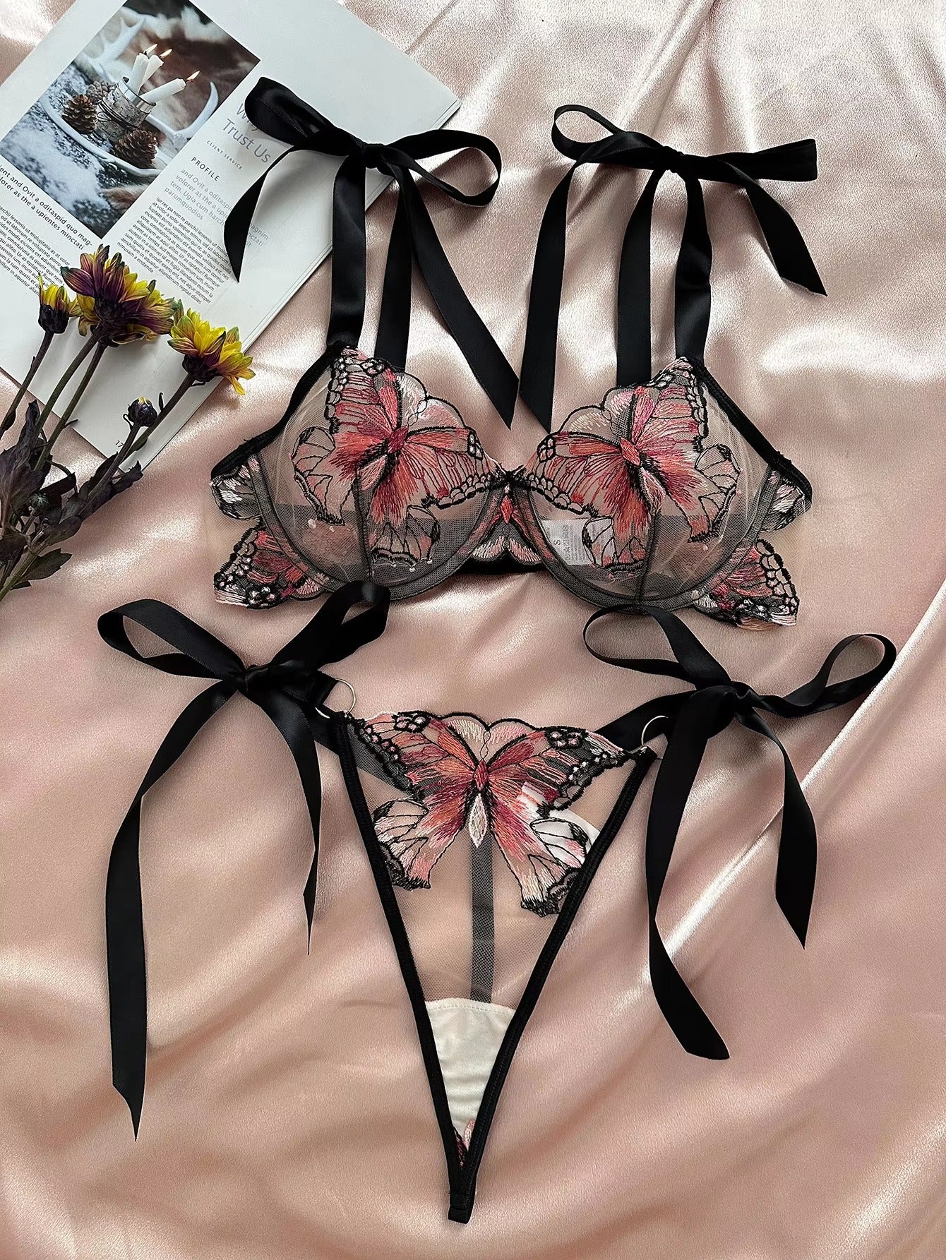 Flourish New Lace-Trimmed, Embroidered Butterfly Pattern, Single-Layer Ultra-Thin Bra And Underwear Set