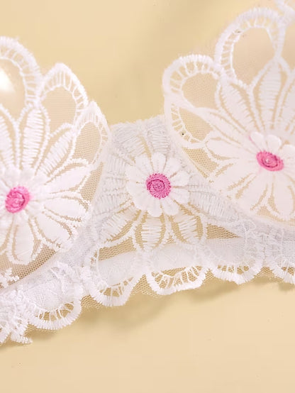 Flourish Sexy Elegant White Lace Lingerie Set – Soft Mesh Floral Embroidered Bra & Panty