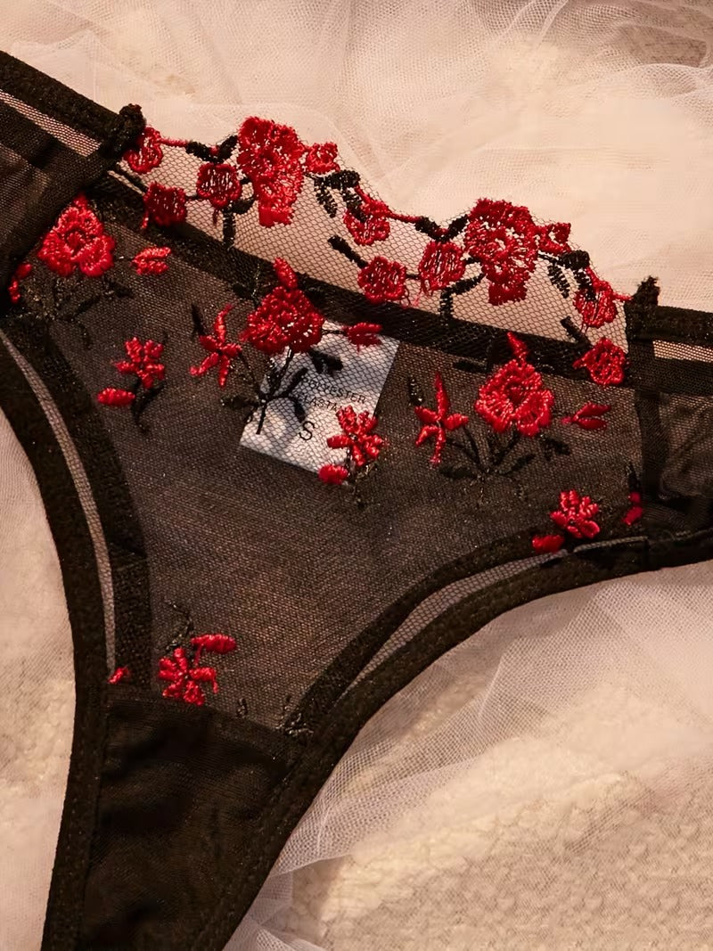 Flourish Sexy Elegant Flower Lace Lingerie Set – Soft Mesh Floral Embroidered Bra & Panty 9987