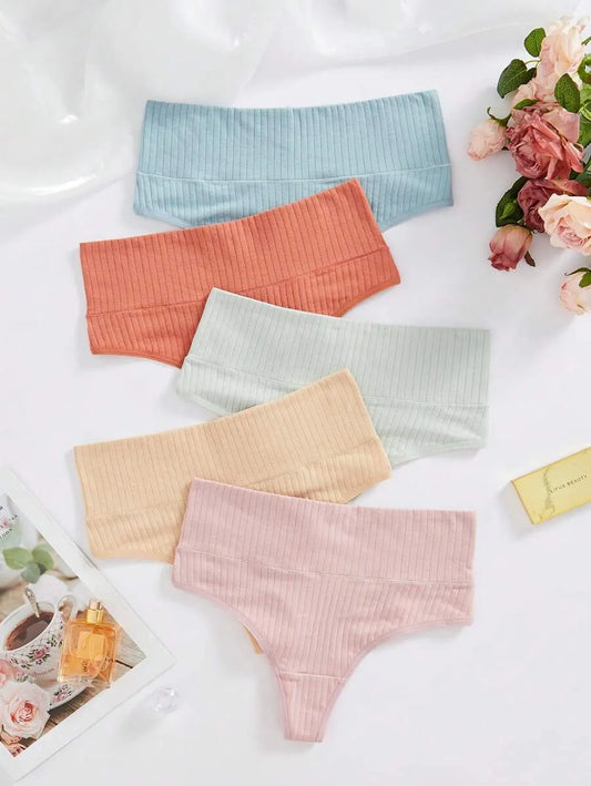 Flourish Pack of 5 Ribbed Cotton High Waist Thong Panty – Stretchy & Seamless Comfort 395