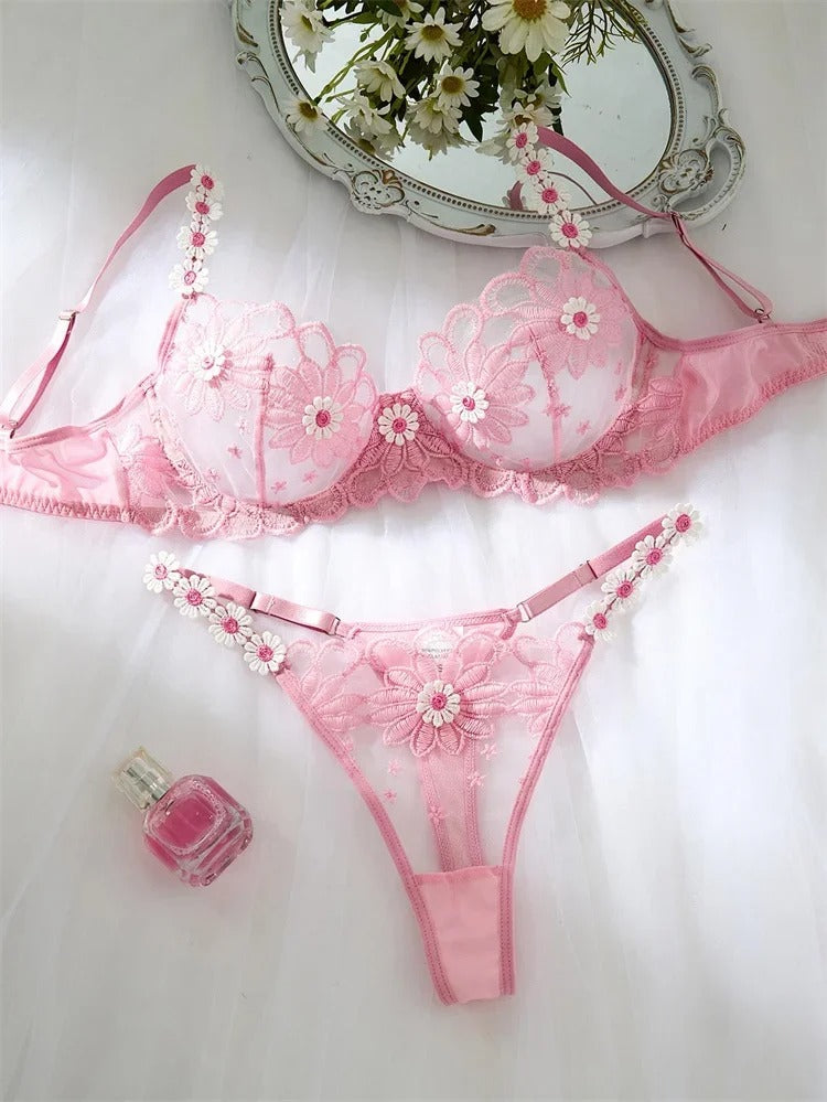 Flourish Sexy Elegant White Lace Lingerie Set – Soft Mesh Floral Embroidered Bra & Panty