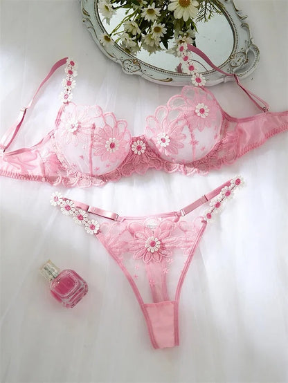 Flourish Sexy Elegant White Lace Lingerie Set – Soft Mesh Floral Embroidered Bra & Panty