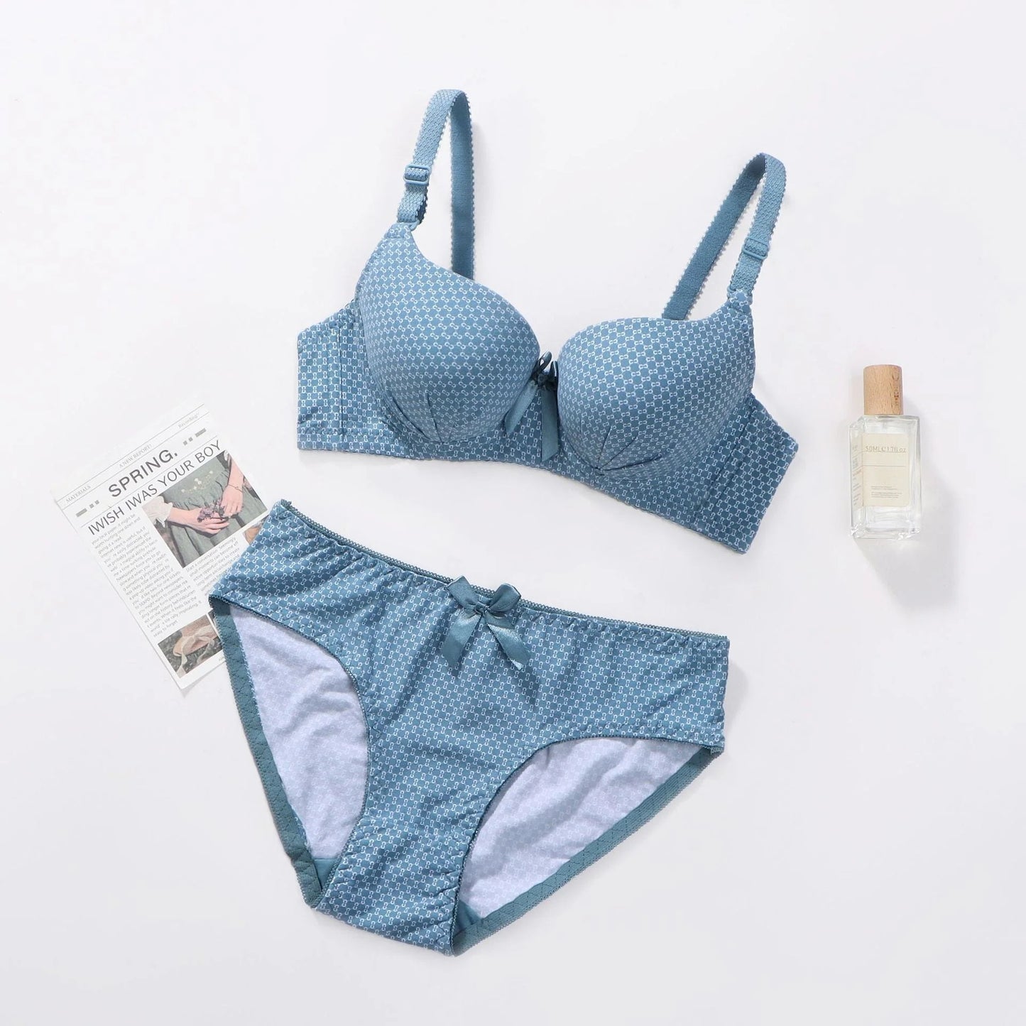 Flourish Wired Dotted Printed Double Padded Bra & Panty Set – Adjustable Straps, Everyday Comfort Lingerie