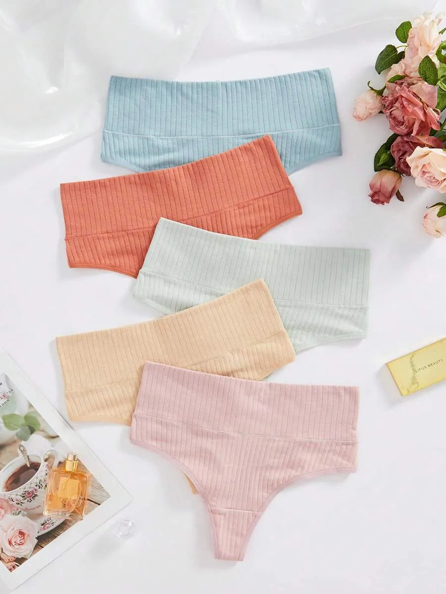 Flourish Pack of 5 Ribbed Cotton High Waist Thong Panty – Stretchy & Seamless Comfort 395