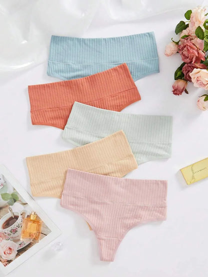 Flourish Pack of 5 Ribbed Cotton High Waist Thong Panty – Stretchy & Seamless Comfort 395