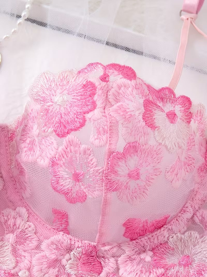 Flourish Sexy Premium Non-Padded Wired Floral Embroidered Bra & Thong Set – Luxury Pink Mesh Lingerie 50121