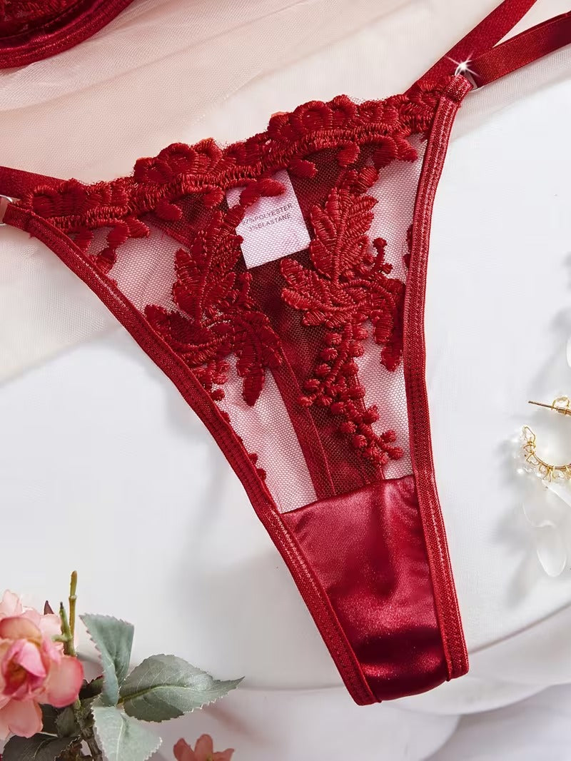 Flourish Sexy Elegant Flower Lace Lingerie Set Women's Halloween Costume  Sexy Maroon Floral Embroidered Lingerie Set, Semi-Sheer Underwire Bra and Adjustable Thong 6066