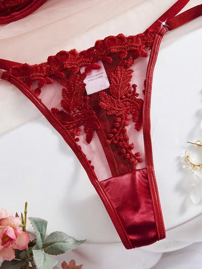 Flourish Sexy Elegant Flower Lace Lingerie Set Women's Halloween Costume  Sexy Maroon Floral Embroidered Lingerie Set, Semi-Sheer Underwire Bra and Adjustable Thong 6066