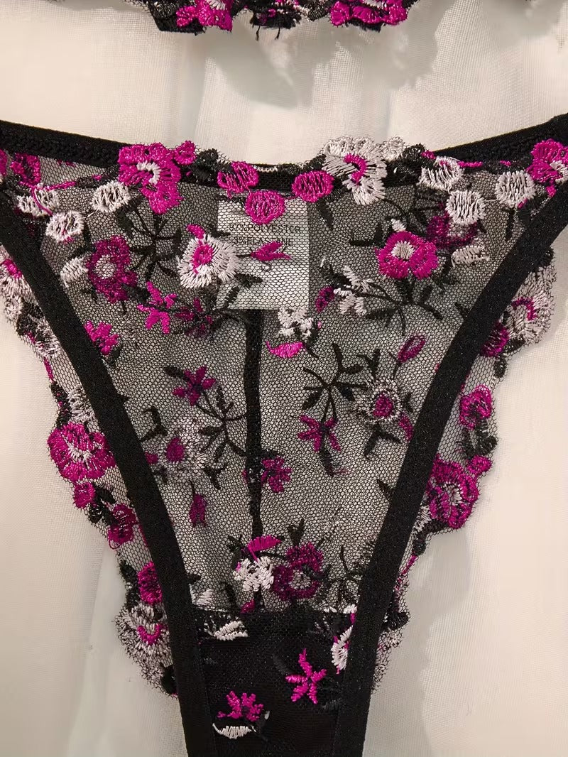 Flourish Midnight Bloom Luxury Non-Padded Wired Floral Embroidered Lace Lingerie Set – Sheer Mesh, New Romantic Design with Matching Thong