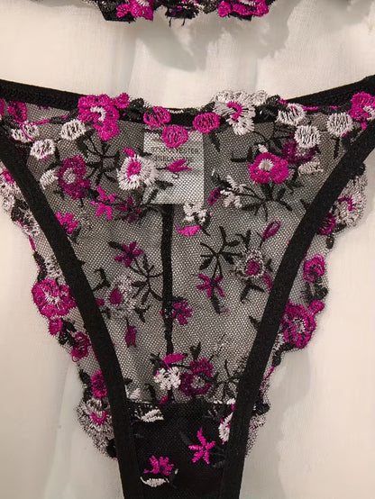 Flourish Midnight Bloom Luxury Non-Padded Wired Floral Embroidered Lace Lingerie Set – Sheer Mesh, New Romantic Design with Matching Thong
