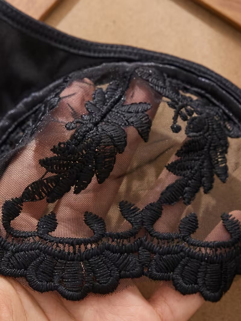 Flourish Sexy Elegant Flower Lace Lingerie Set Women's Halloween Costume  Sexy Black Floral Embroidered Lingerie Set, Semi-Sheer Underwire Bra and Adjustable Thong 6066