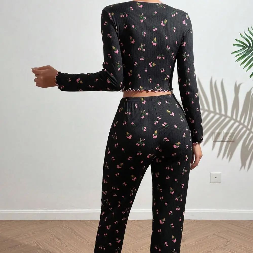 Floral Print Ribbed Imported Pajama Set with Lettuce Trim & Bow Detail C0904