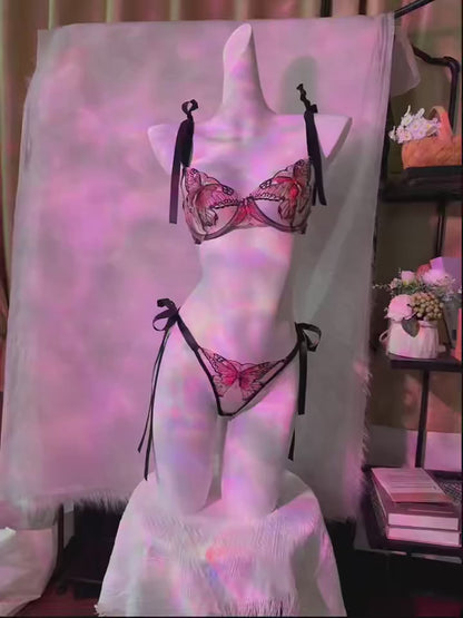 Flourish New Lace-Trimmed, Embroidered Butterfly Pattern, Single-Layer Ultra-Thin Bra And Underwear Set