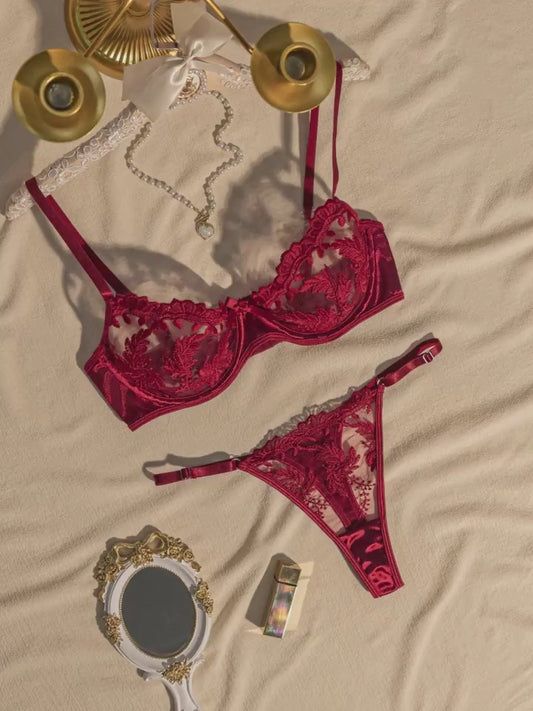 Flourish Sexy Elegant Flower Lace Lingerie Set Women's Halloween Costume  Sexy Maroon Floral Embroidered Lingerie Set, Semi-Sheer Underwire Bra and Adjustable Thong 6066