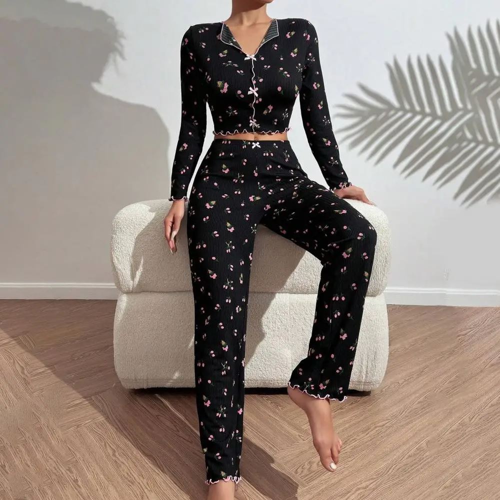 Floral Print Ribbed Imported Pajama Set with Lettuce Trim & Bow Detail C0904