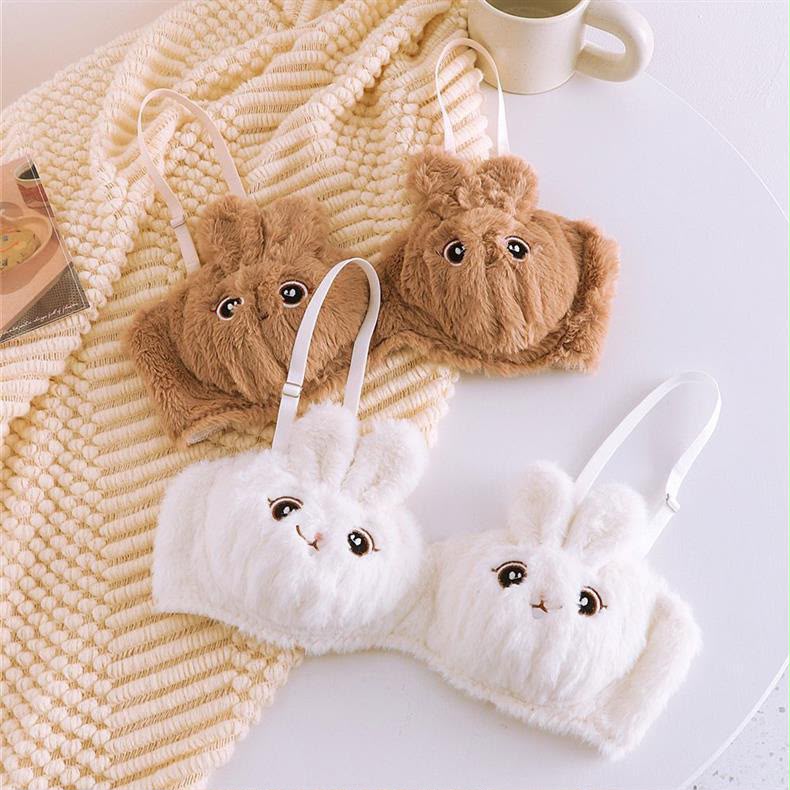 New Japanese Anime Style Plush Bunny Bralette – Cute Fluffy Faux Fur Padded Bra Panty set
